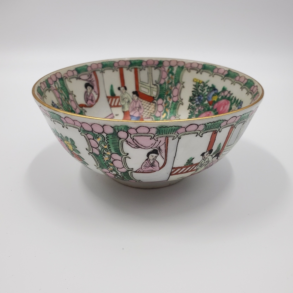 Vintage Asian Japanese Painted Porcelain Bowl Gold Trim Decor Display - Picture 1 of 5